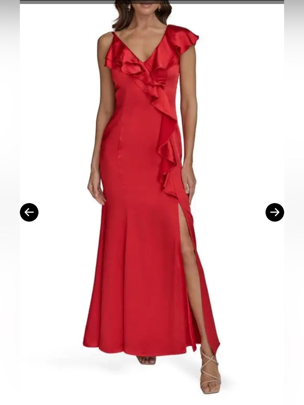 Donna Karan Red Ruffle V-Neck Maxi Dress with Side Slit